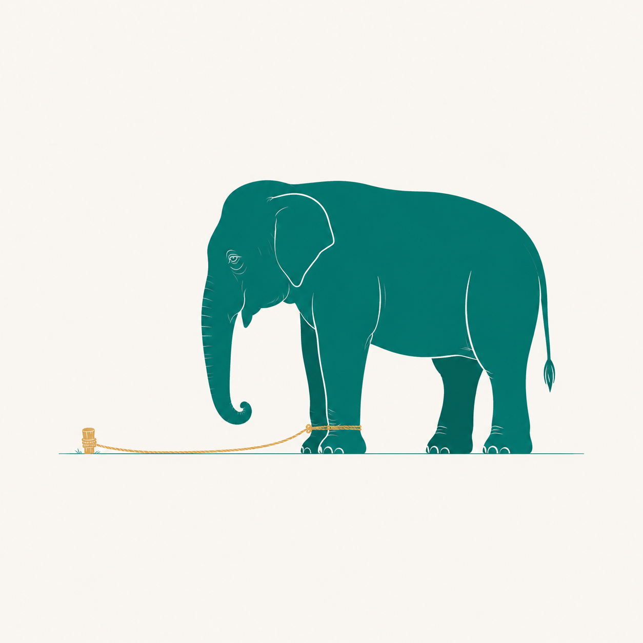 Un éléphant adulte retenu par une corde fine attachée à un petit piquet