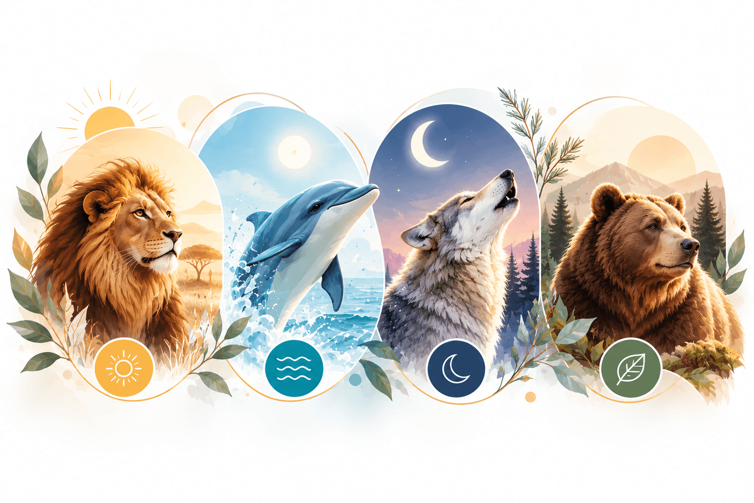 Lion, dauphin, loup et ours représentant les quatre chronotypes