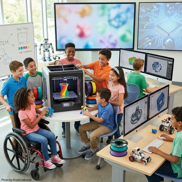 Kids enthusiastically collaborating with a 3D printer and computers in a modern STEM classroom — 3D modelling for kids