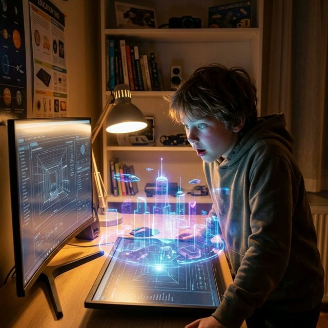 A child looking in awe at a glowing 3D city model — digital skills for children