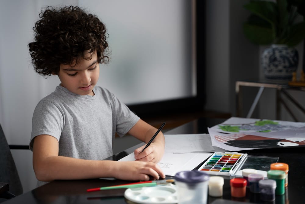 Parent and child reviewing a digital artwork together — graphic design