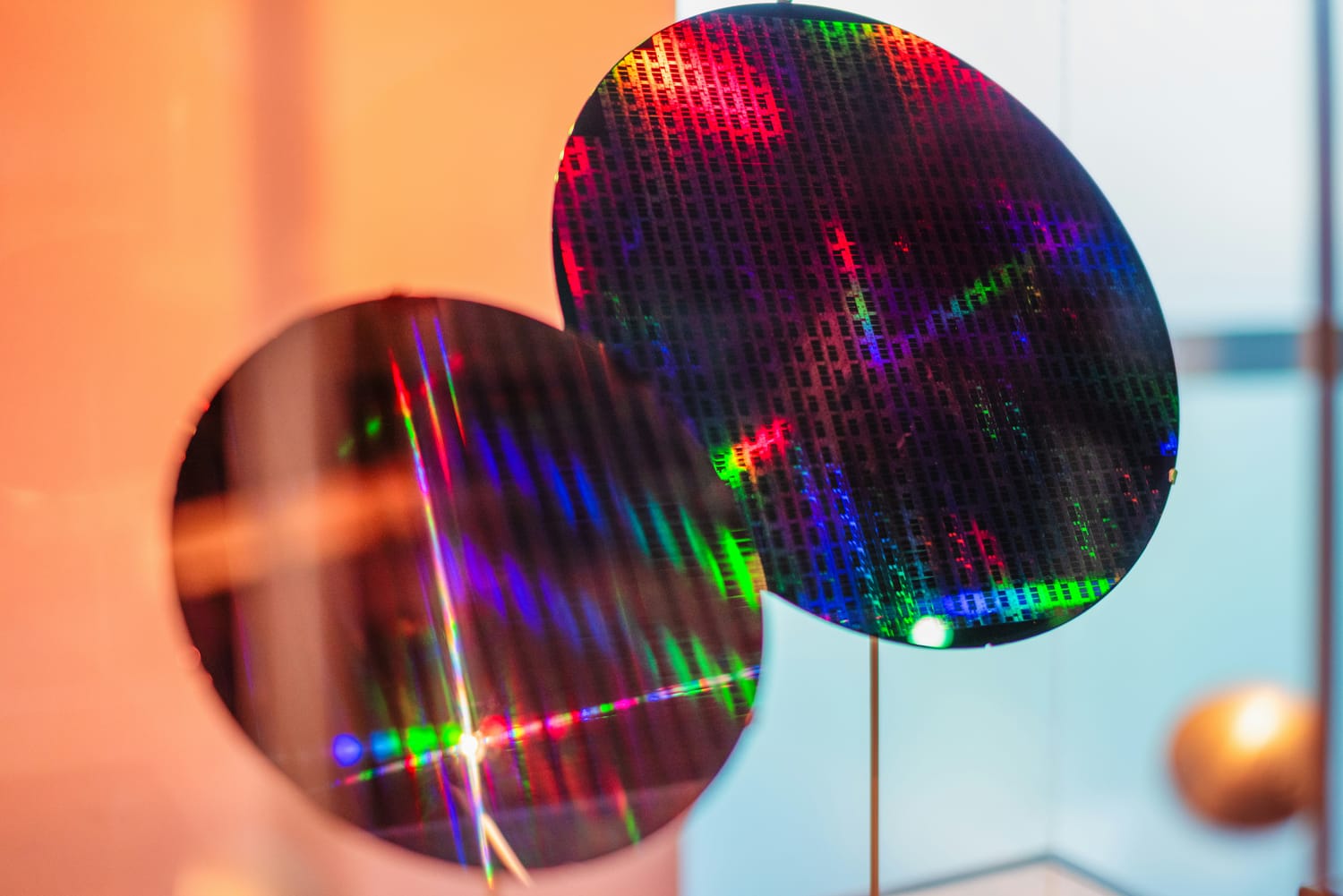 Detailed look at a semiconductor chip wafer