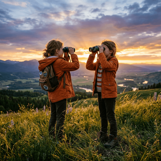 A child looking at a forest through binoculars — future scientist