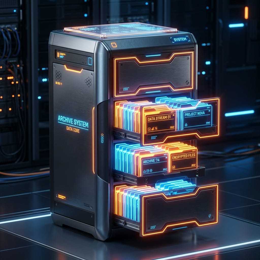 A glowing digital filing cabinet representing data organization