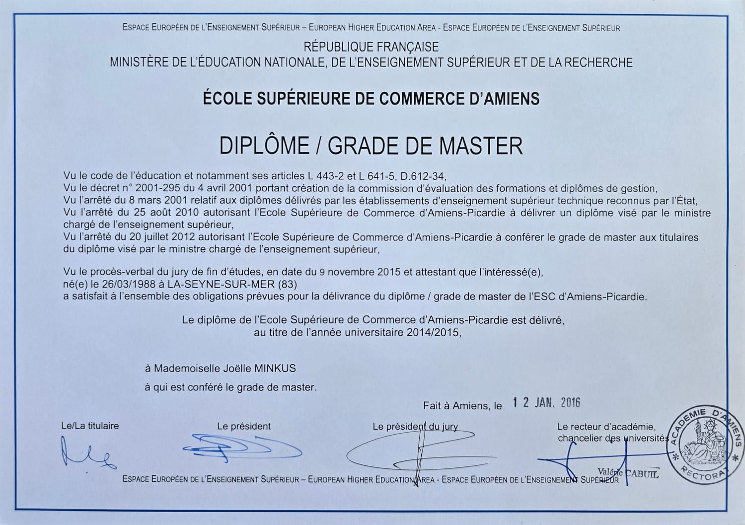 Diplôme Master Business Joelle Minkus