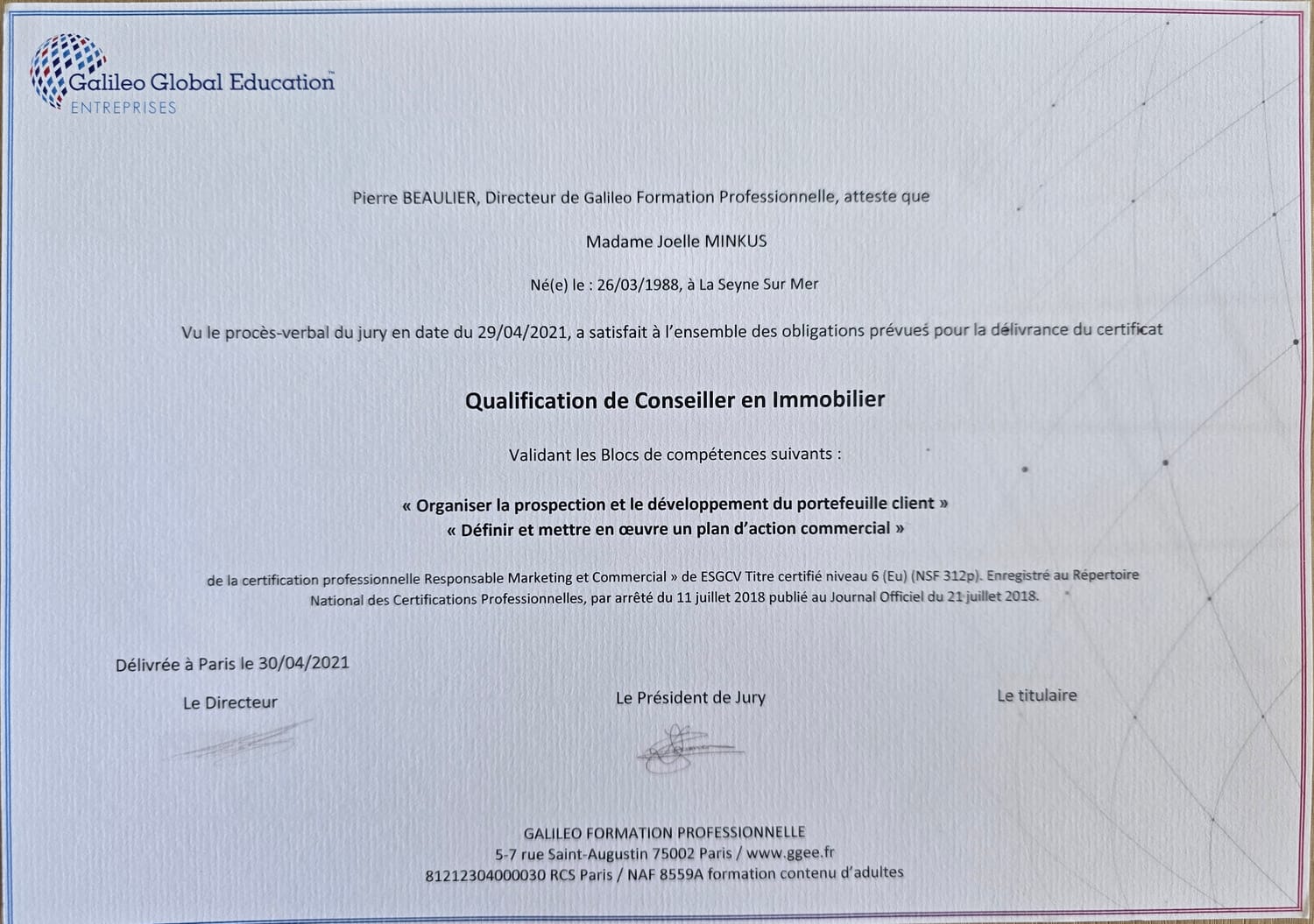 Diplôme immobilier Joelle Minkus