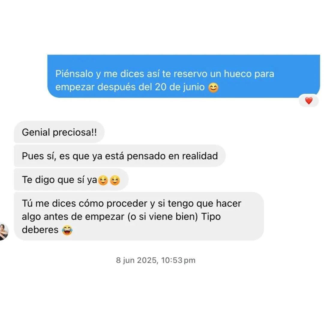 Conversación con una clienta confirmando que quiere empezar el acompañamiento