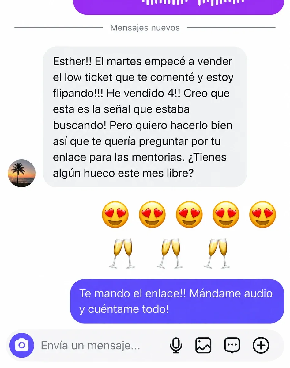 Mensaje de una alumna que vendió cuatro unidades de su low ticket y pidió el enlace para mentoría
