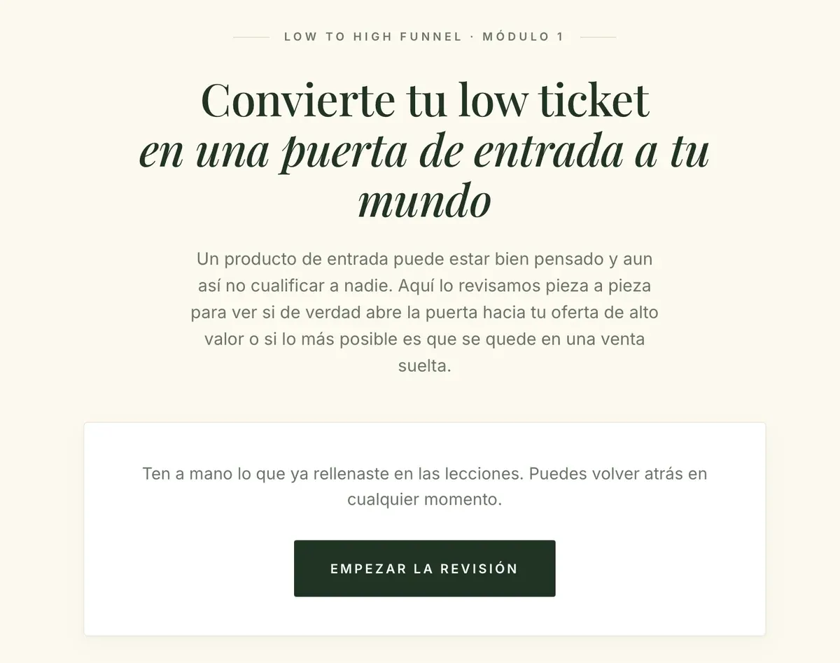 Vista del Analizador de Ofertas Irresistibles con Esther IA dentro de Low to High Funnel