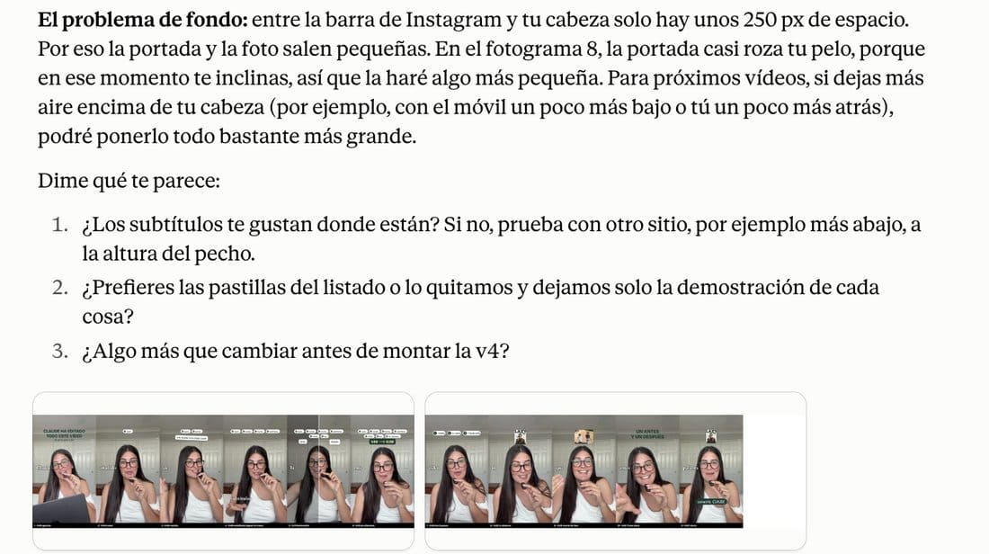 Claude pregunta dónde quieres los subtítulos y enseña fotogramas de prueba
