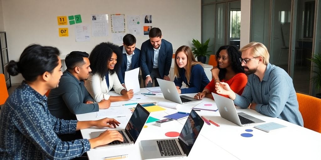 diverse team collaborating in a creative workspace.