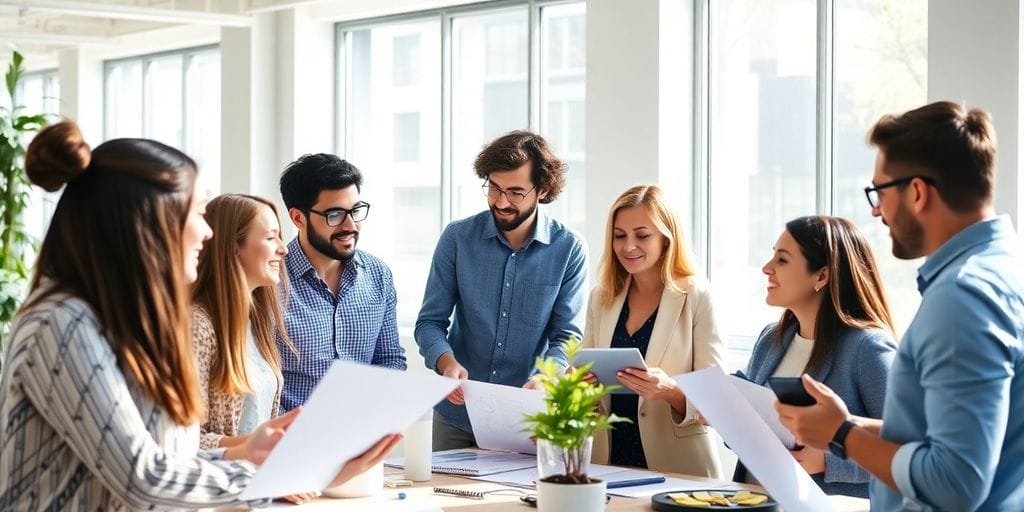 diverse professionals collaborating in a modern office setting.