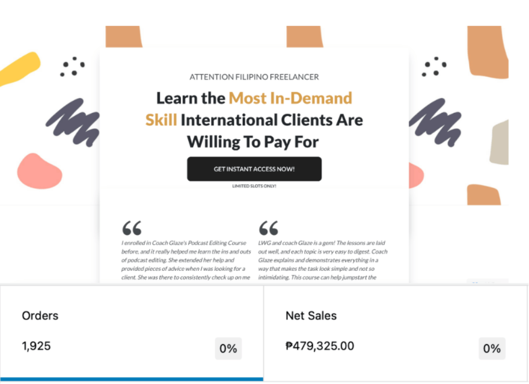 Sales dashboard for a podcast editing course: 1,925 orders and 479,325 pesos in net sales.