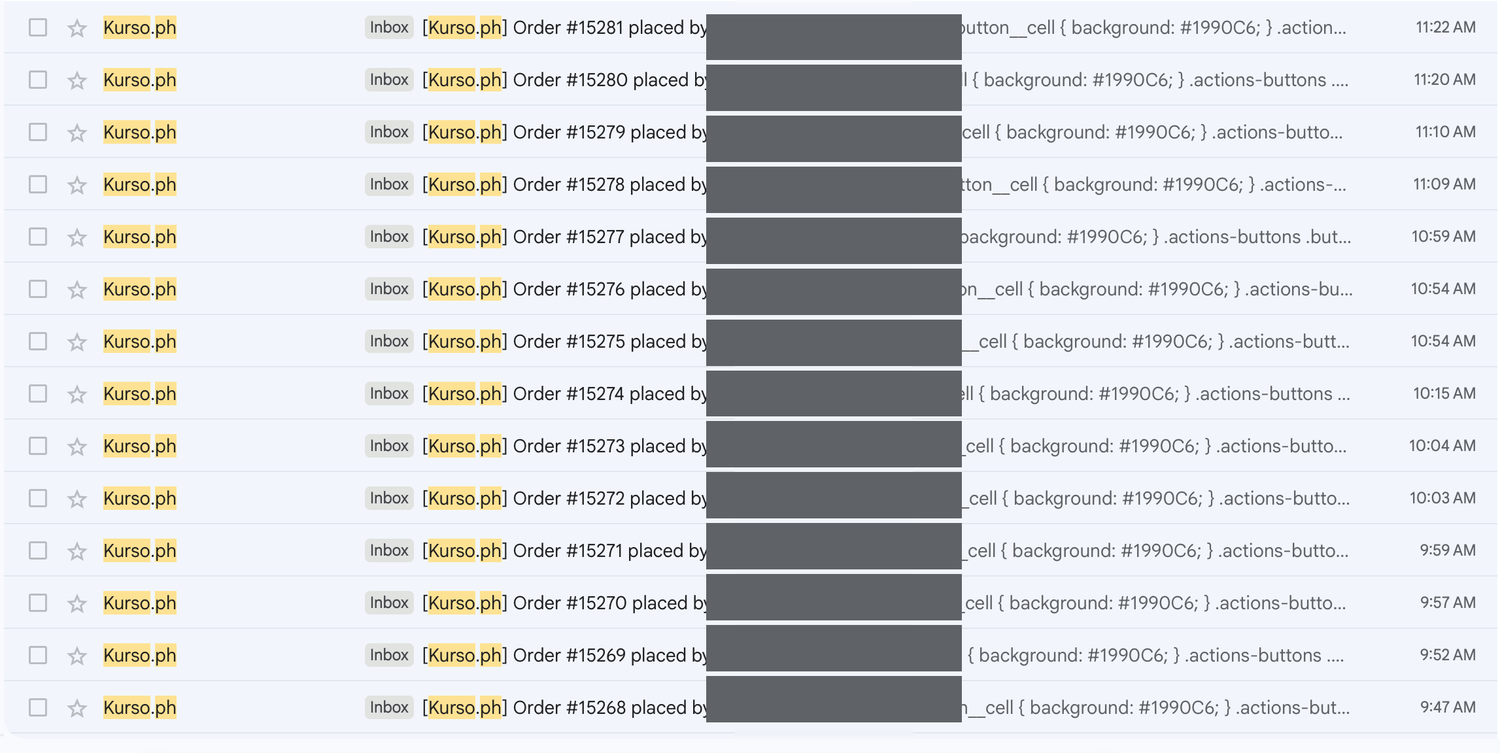 Order notification emails mula sa Kurso.ph store, 14 orders mula 9:47 AM hanggang 11:22 AM.
