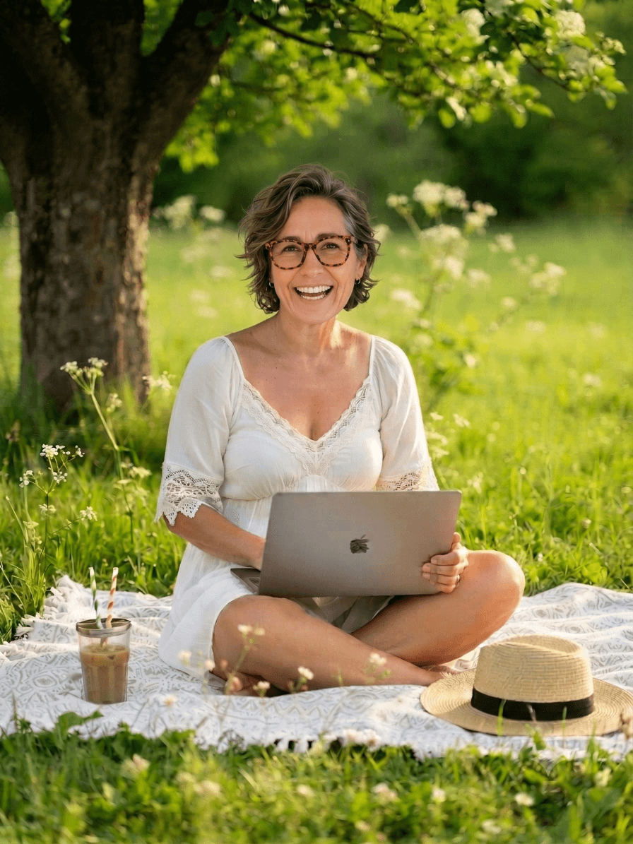 woman working laptop organized desk plant coffee calm workspace