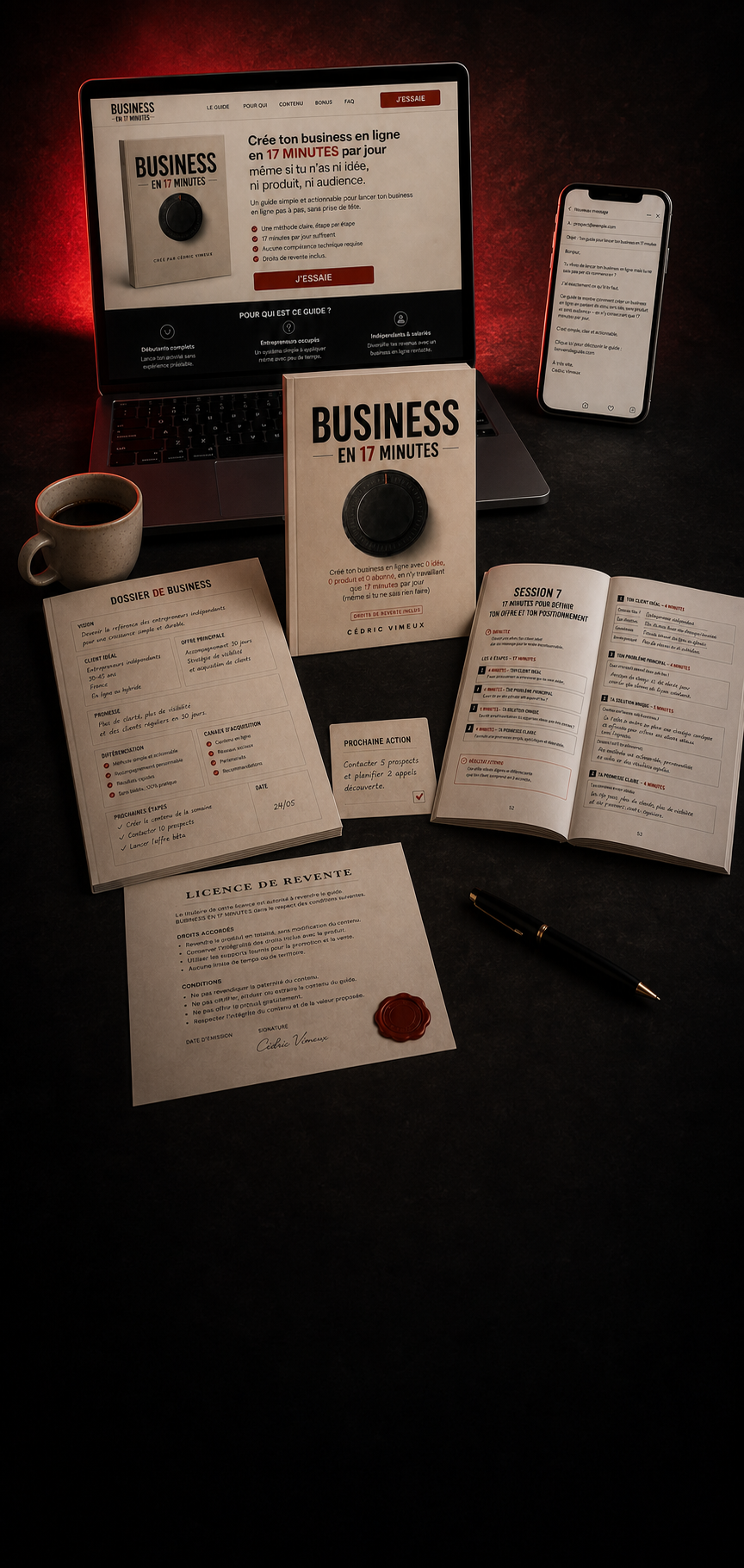 Le pack BUSINESS EN 17 MINUTES : le guide, le Dossier de business et les supports du kit de revente