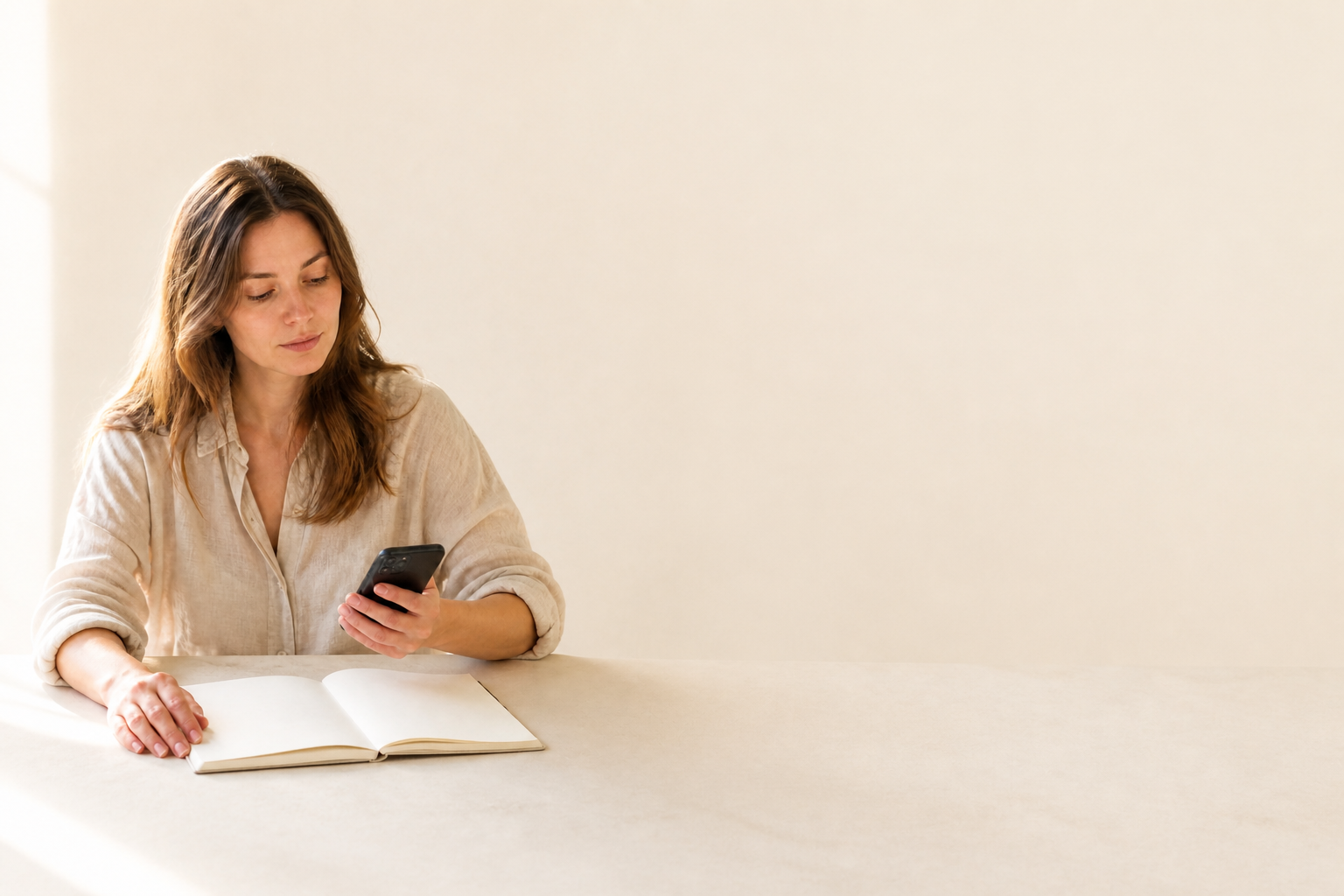 Une personne consulte son téléphone devant un carnet vide