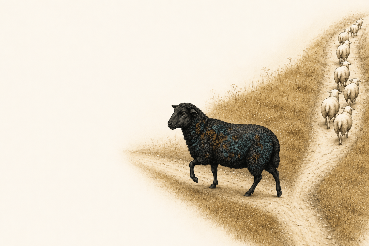 Un mouton noir à la laine turquoise, orange et violette prend un autre chemin que le troupeau.