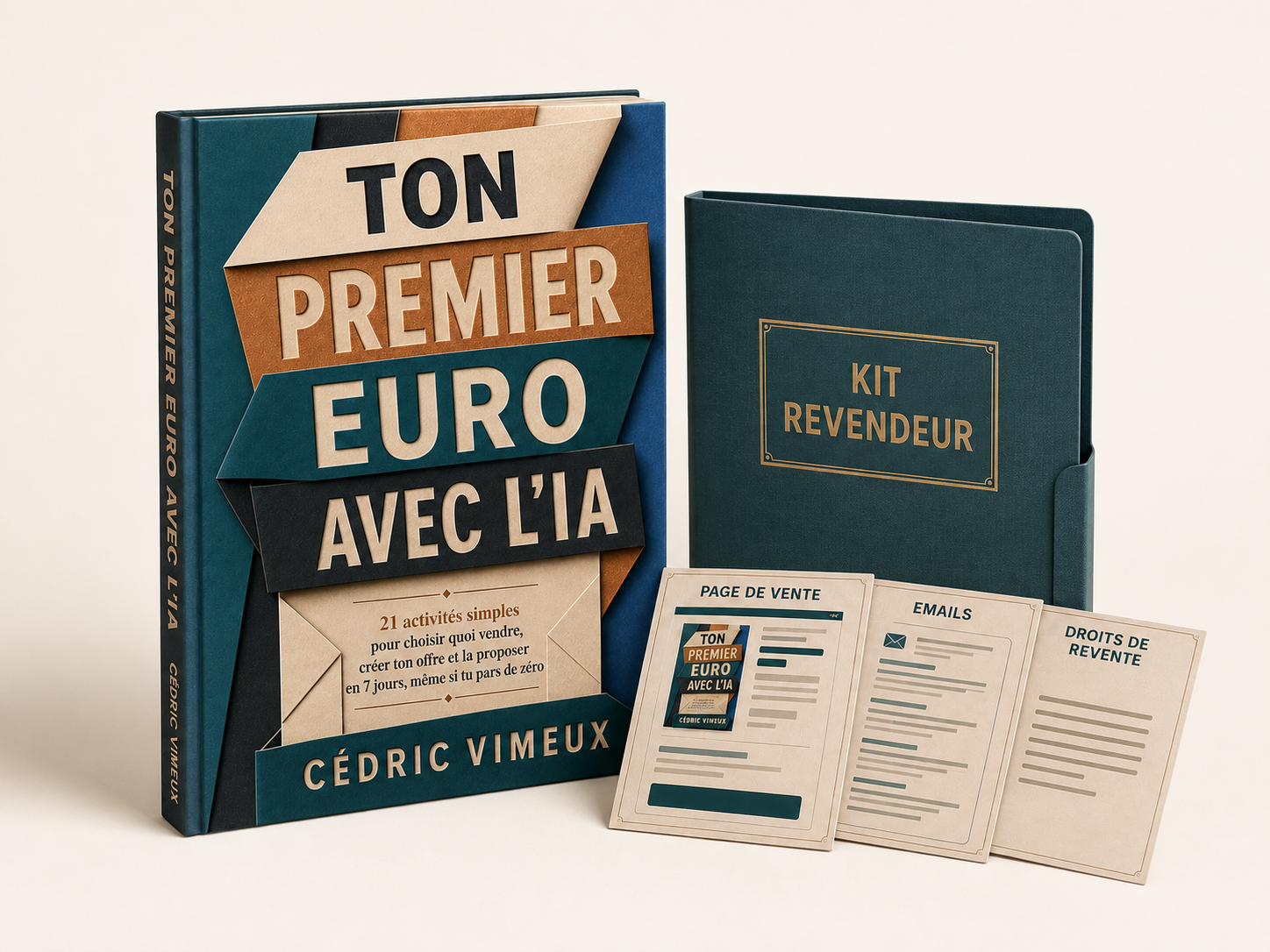 Ton premier euro avec l’IA : guide, dossier revendeur et représentations de la page de vente, des emails et des droits de revente