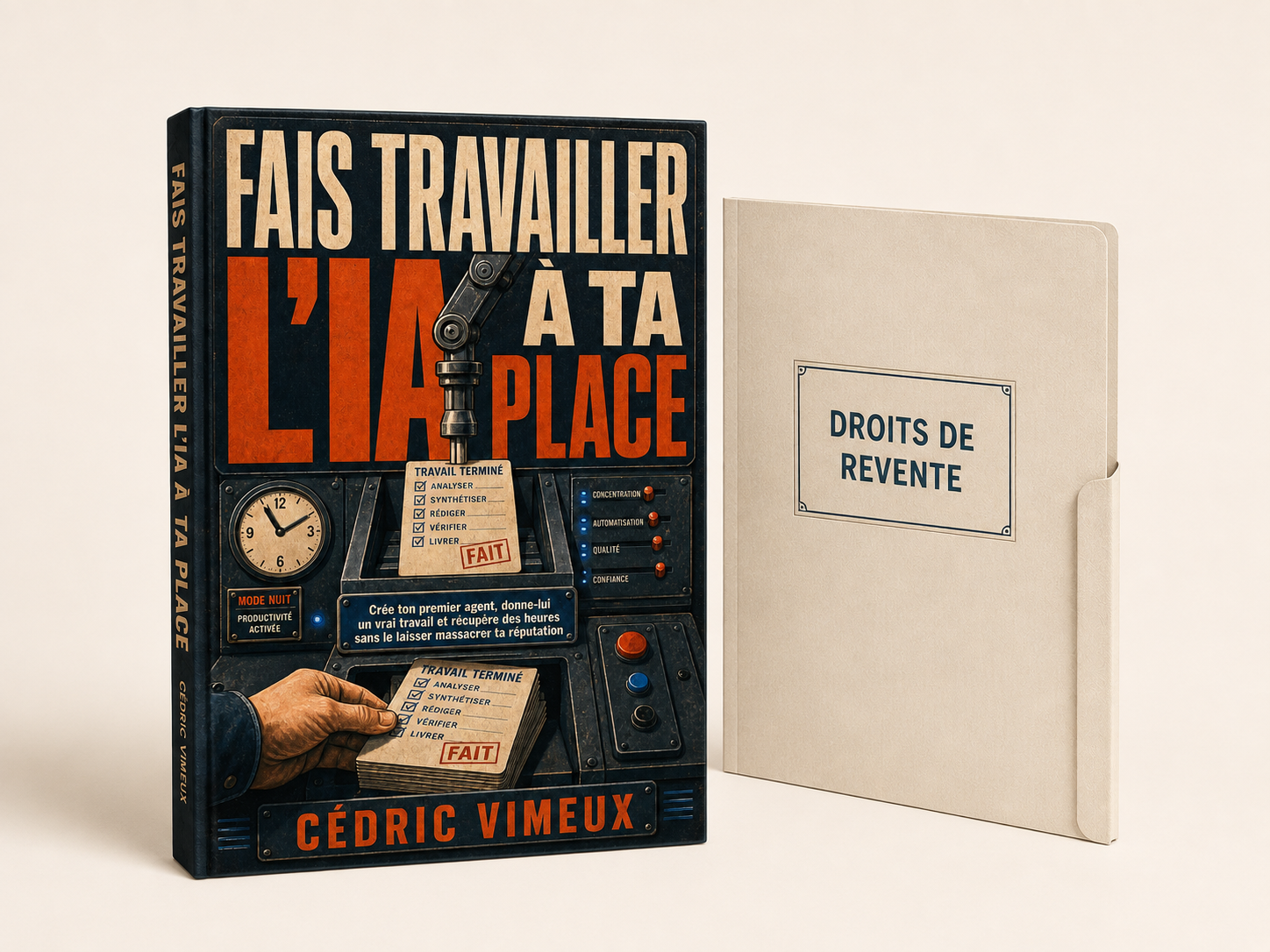 Fais travailler l’IA à ta place, de Cédric Vimeux : représentation du guide numérique et de ses droits de revente