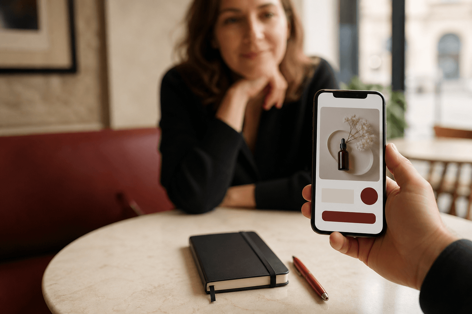 Une offre visible sur un téléphone devant une cliente