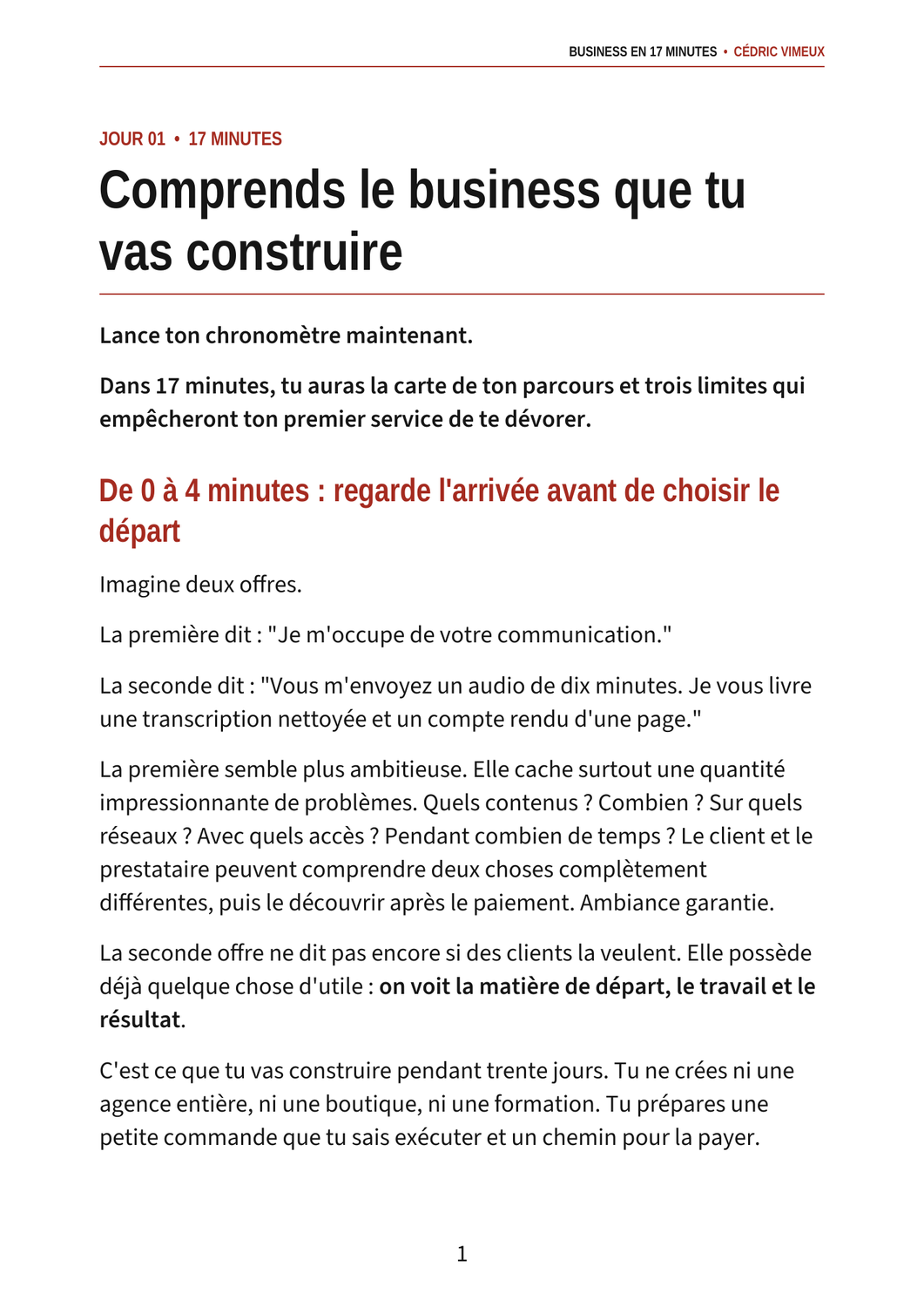 Première page du jour 1 avec le résultat attendu et le minutage