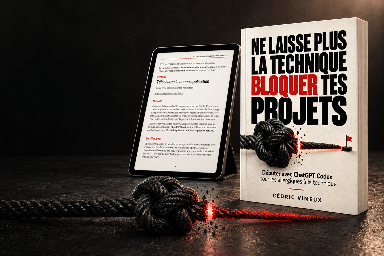 Le guide présenté en véritable scène 3D avec une page intérieure sur tablette et le nœud tranché