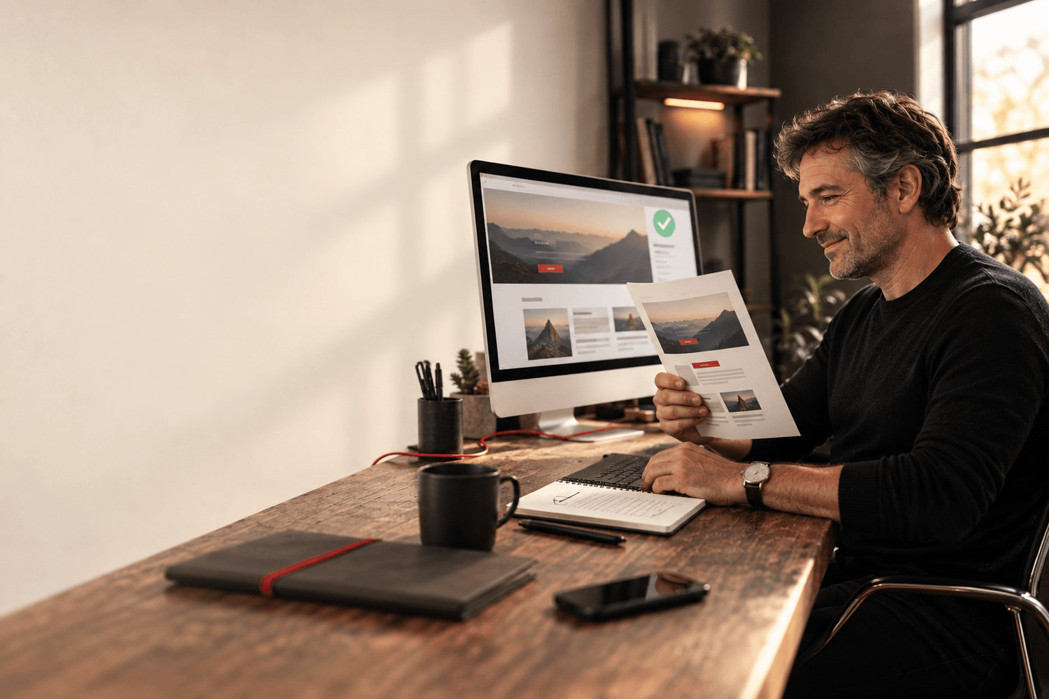 Le même entrepreneur, soulagé, contrôle le résultat technique terminé