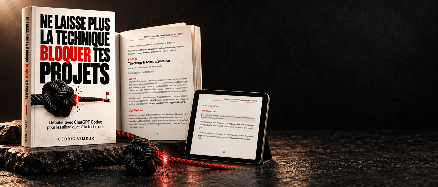 Le guide complet, un livre ouvert et une tablette réunis dans une scène finale