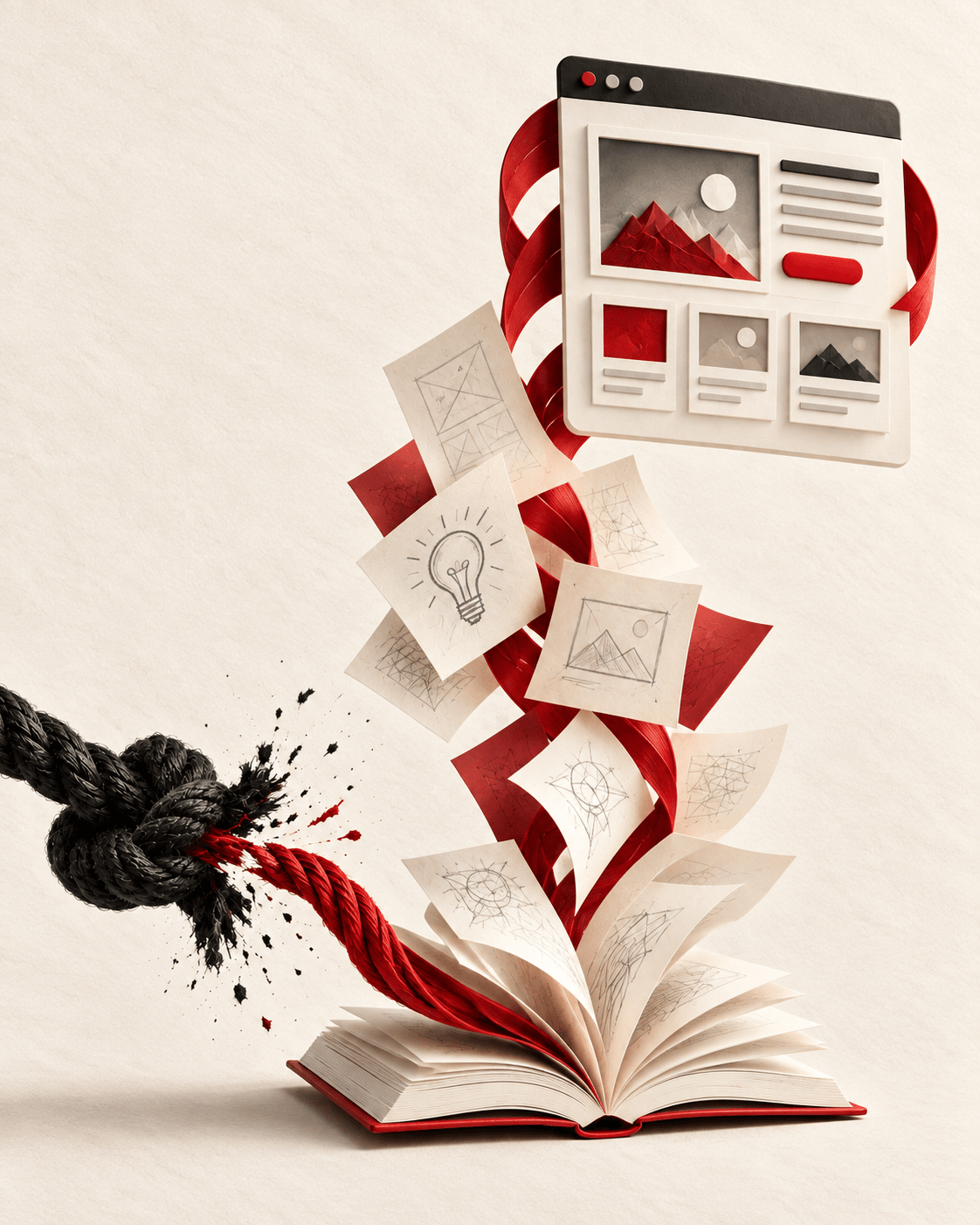 Des notes et des feuilles sont reliées par un ruban rouge à une page web achevée