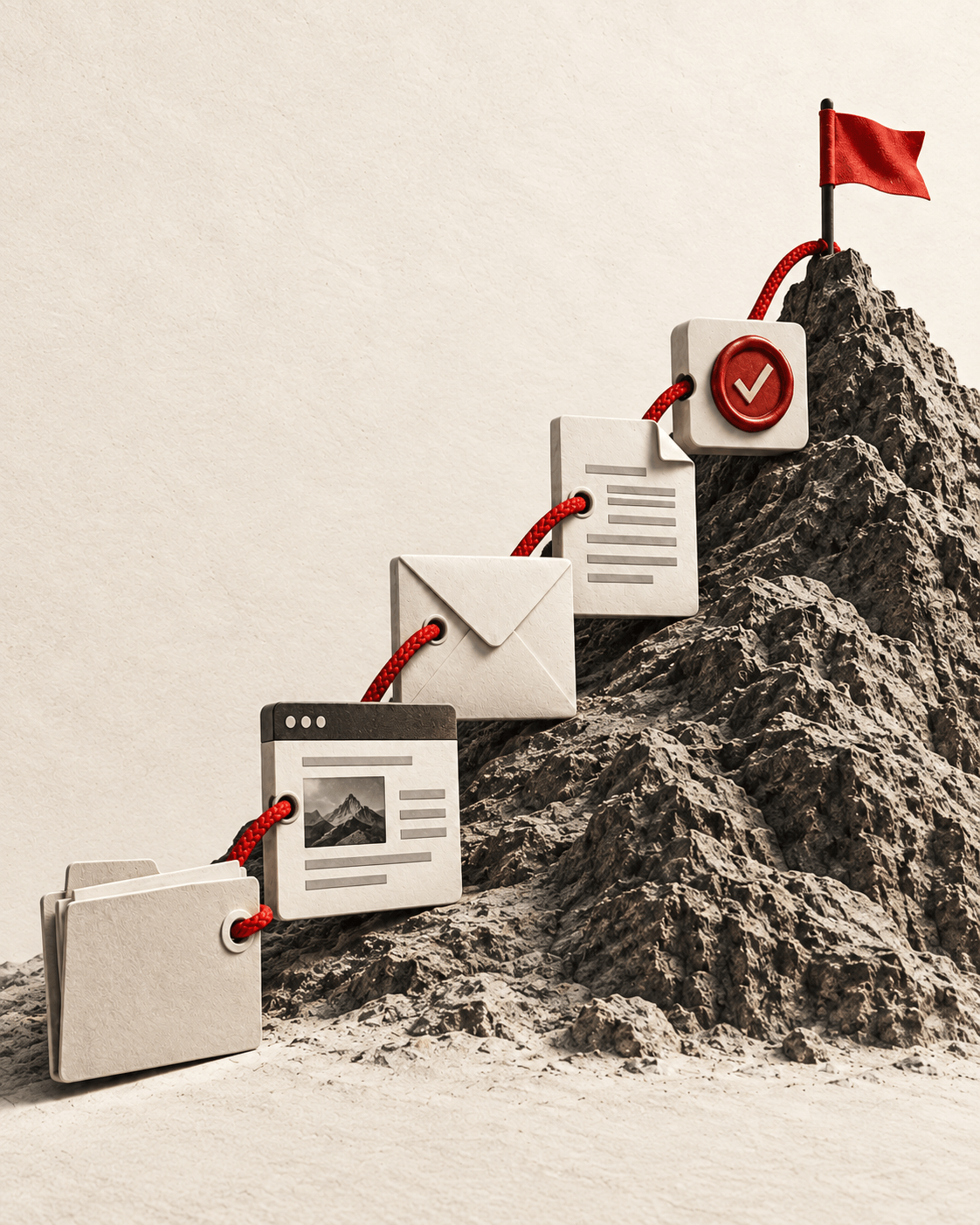 Un parcours de fichiers, page web, email et validation gravit vers un drapeau rouge