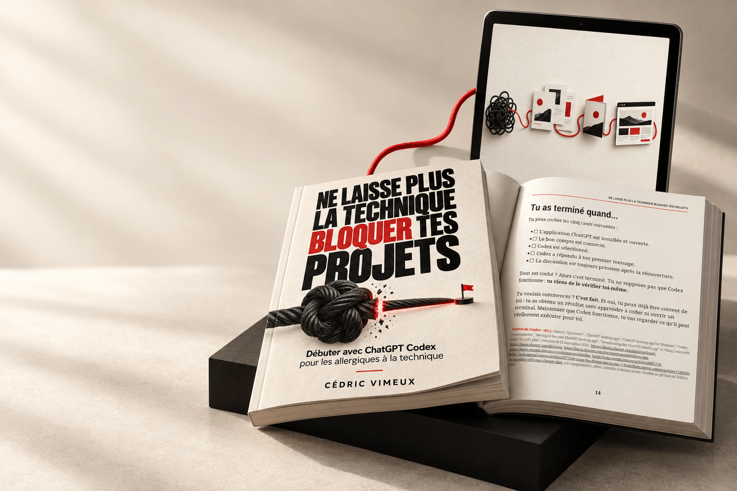 Le guide, une vraie page intérieure et les graphismes réunis dans une scène 3D cohérente