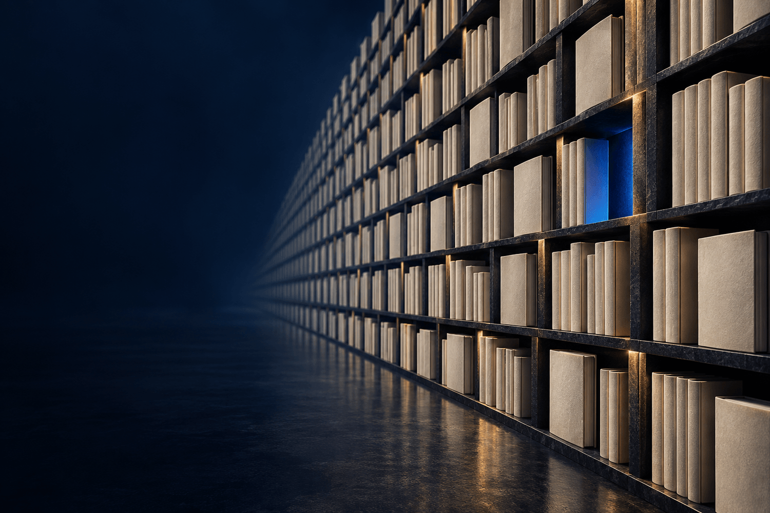 Un mur immense de livres identiques laisse apparaître une seule ouverture bleue.