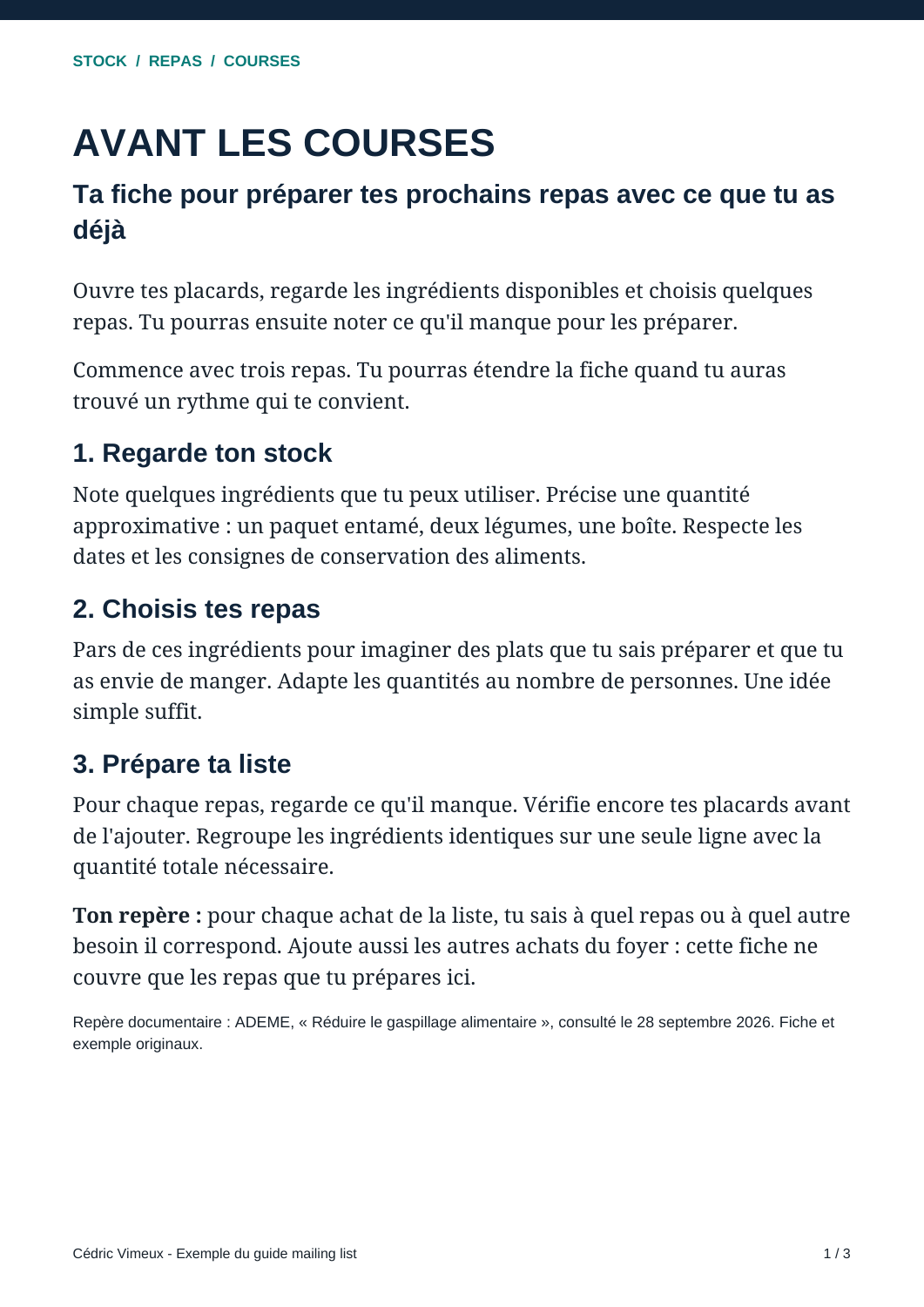 Aperçu de la méthode Avant les courses : stock, trois repas et quantités à acheter