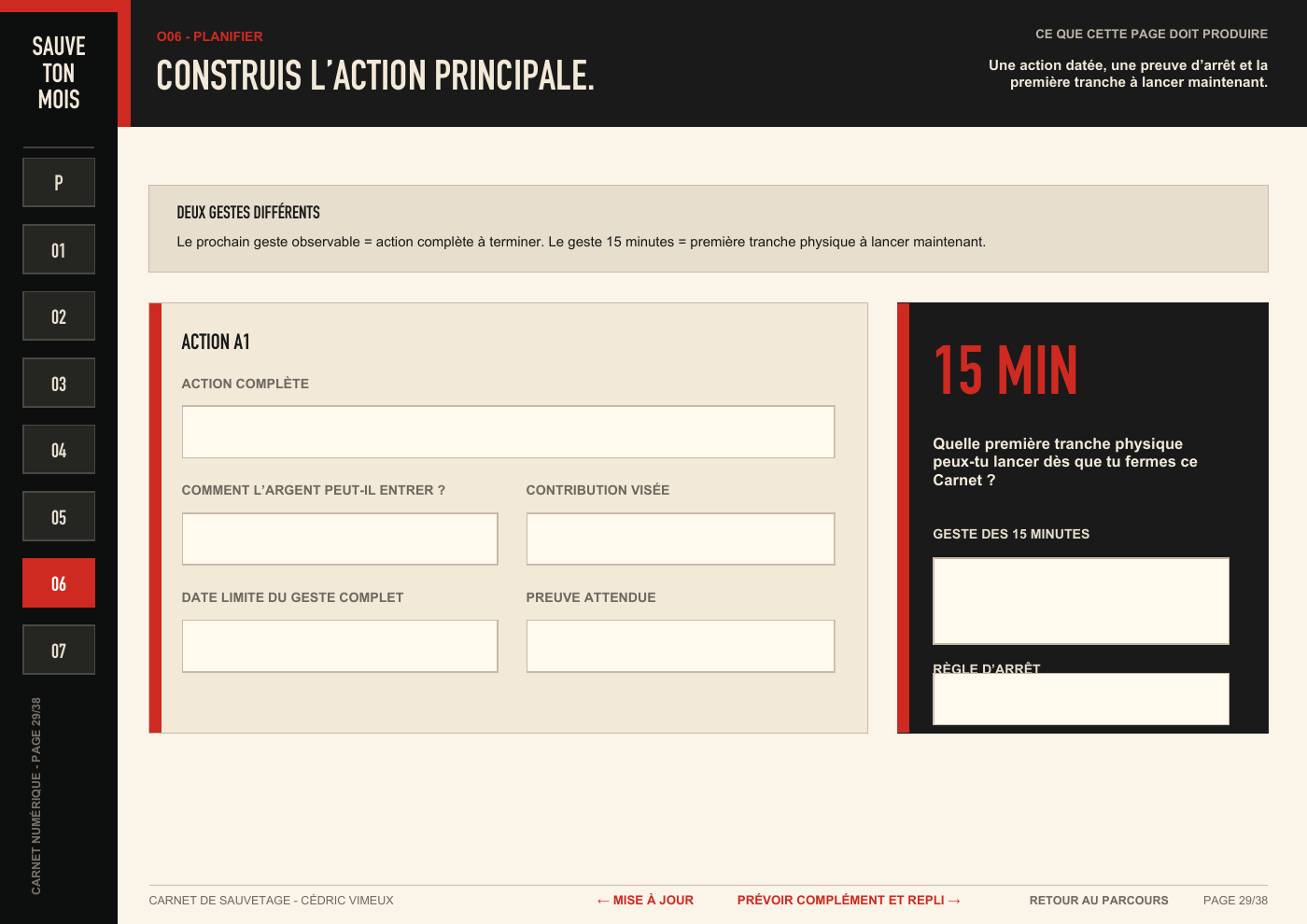 Extrait authentique du carnet : outil O06, construire l’action principale
