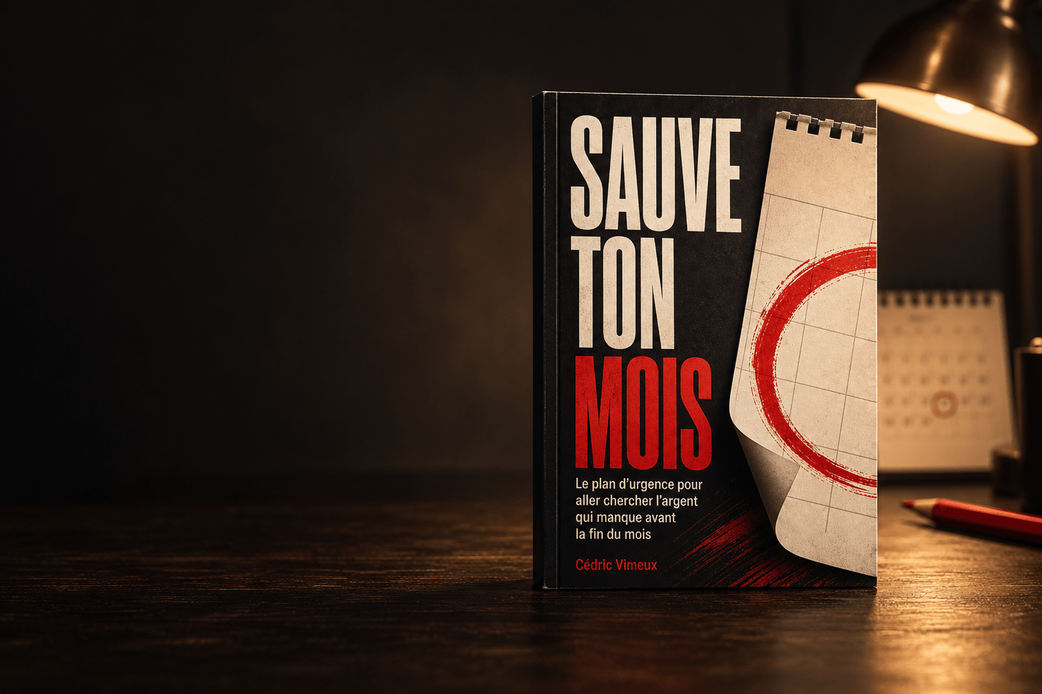 Le guide SAUVE TON MOIS posé sur un bureau, dans la lumière d'une lampe, à la tombée de la nuit.