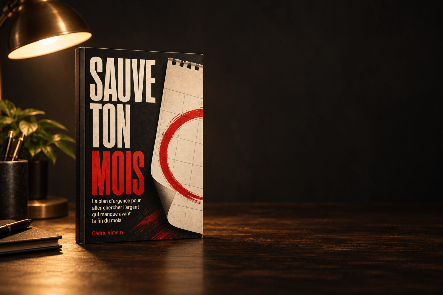 Le guide SAUVE TON MOIS intégré dans un décor de bureau, avec un carnet dans le décor