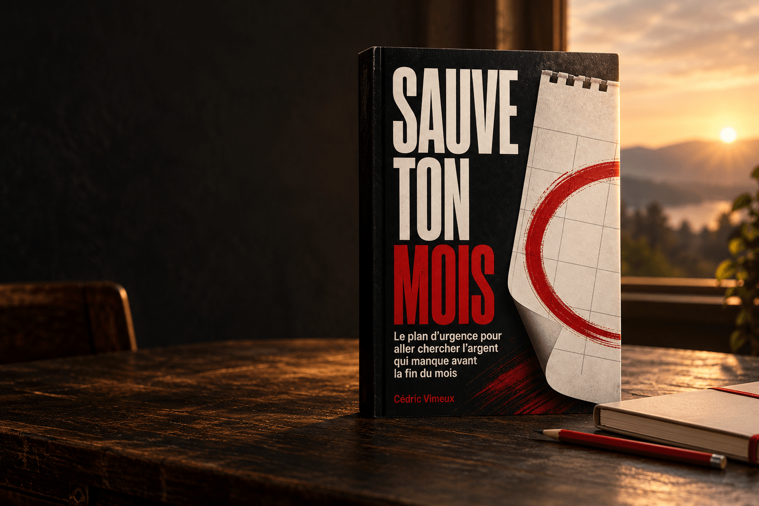 Le guide SAUVE TON MOIS sur un bureau à l'aube, avec un carnet et un crayon prêts à servir.