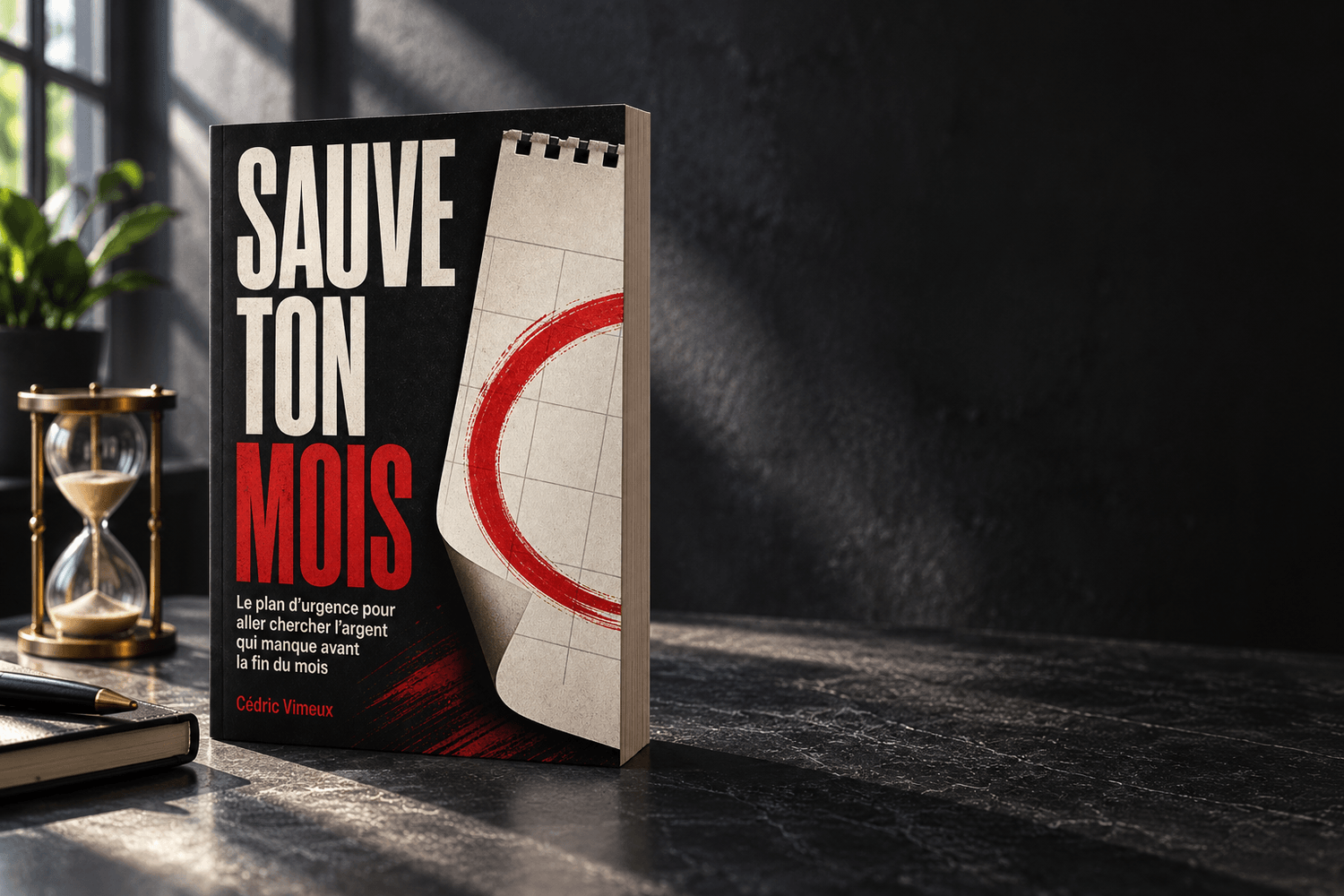Le guide dans une lumière froide, à côté d'un sablier et d'un carnet fermé.