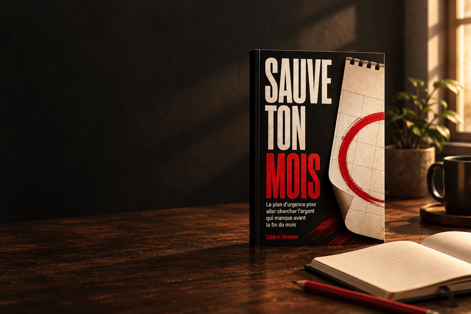 Le guide SAUVE TON MOIS intégré dans un décor de bureau, avec un carnet dans le décor