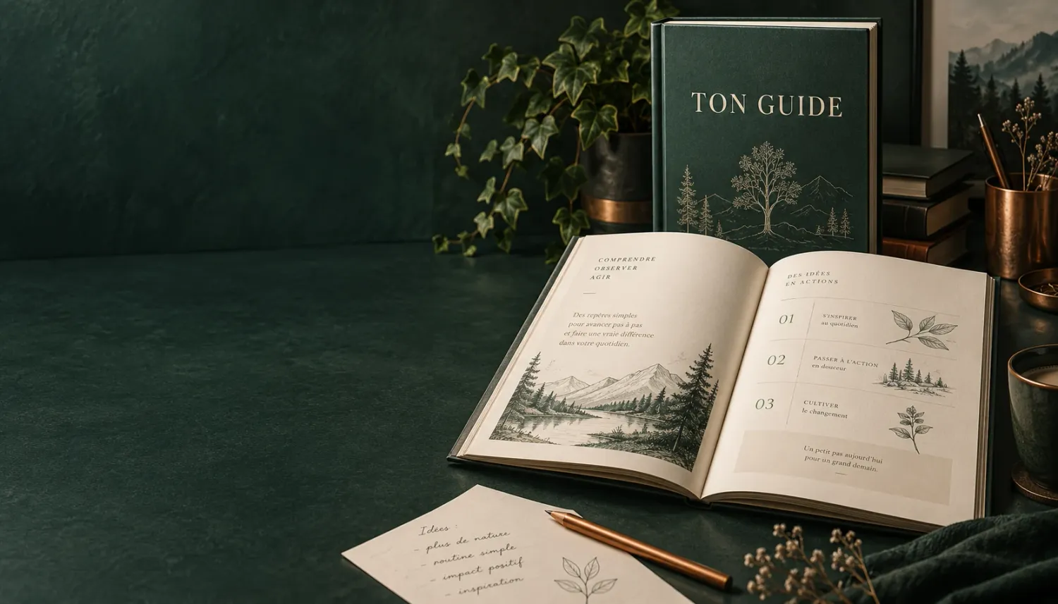 Un guide relié et ses pages illustrées — illustration du guide que tu peux créer