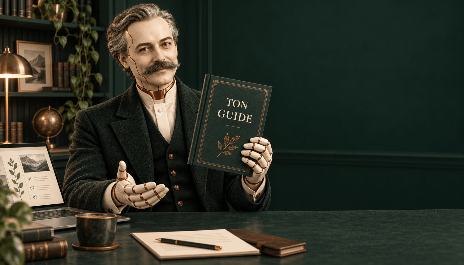 Gustave présente ton futur guide, avec une main ouverte pour t’inviter à commencer