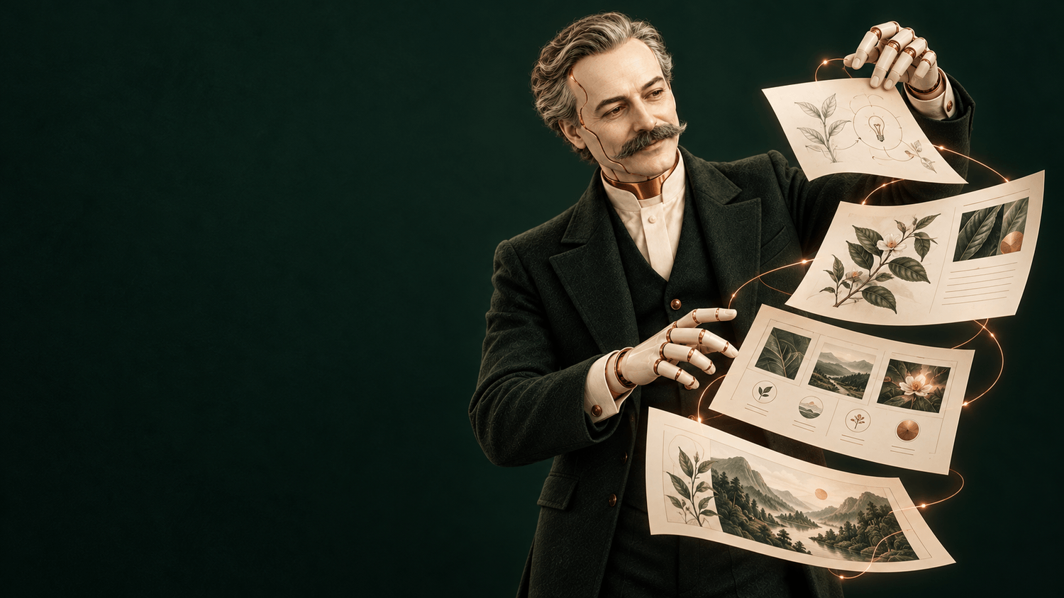Gustave, assistant IA ivoire et cuivre, assemble les pages illustrées de ton futur guide