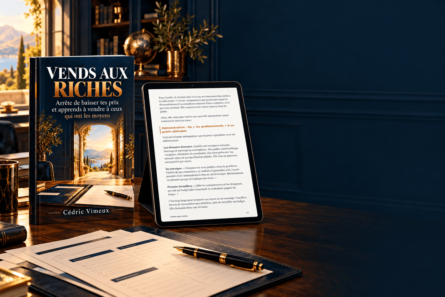 Mise en scène du guide PDF, d’une page intérieure sur tablette et de fiches de travail