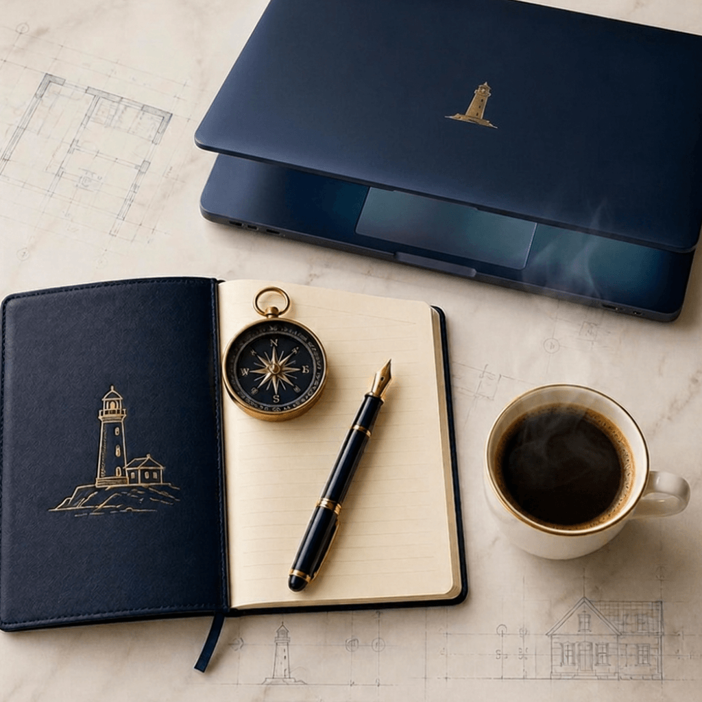 Executive Compass flat lay with notebook, compass, and coffee