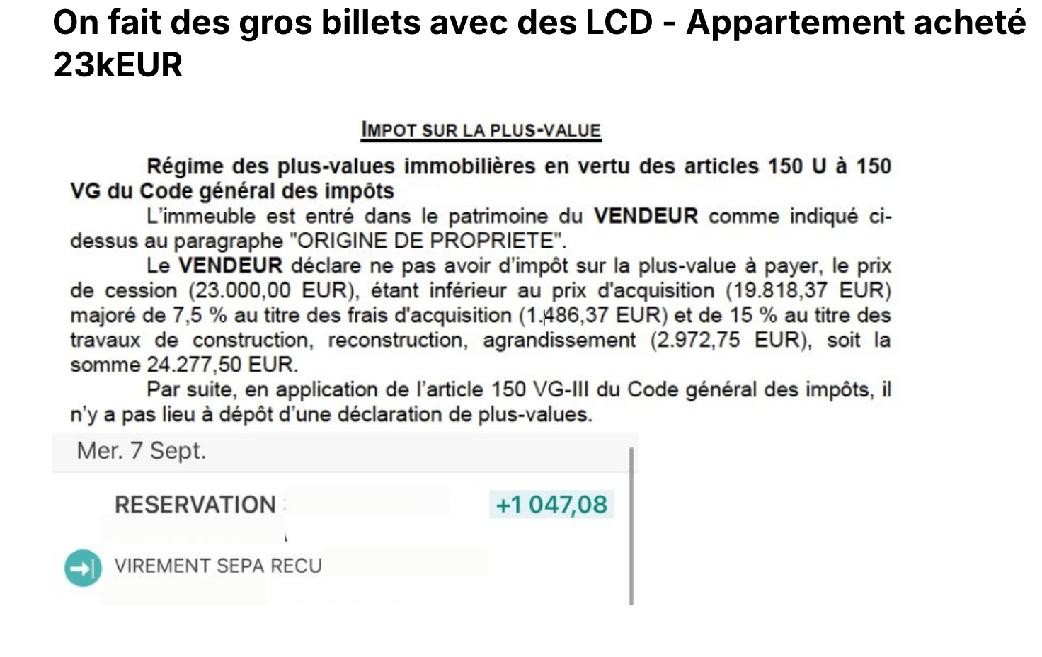 Bien acheté 23 000 € — on fait des gros billets