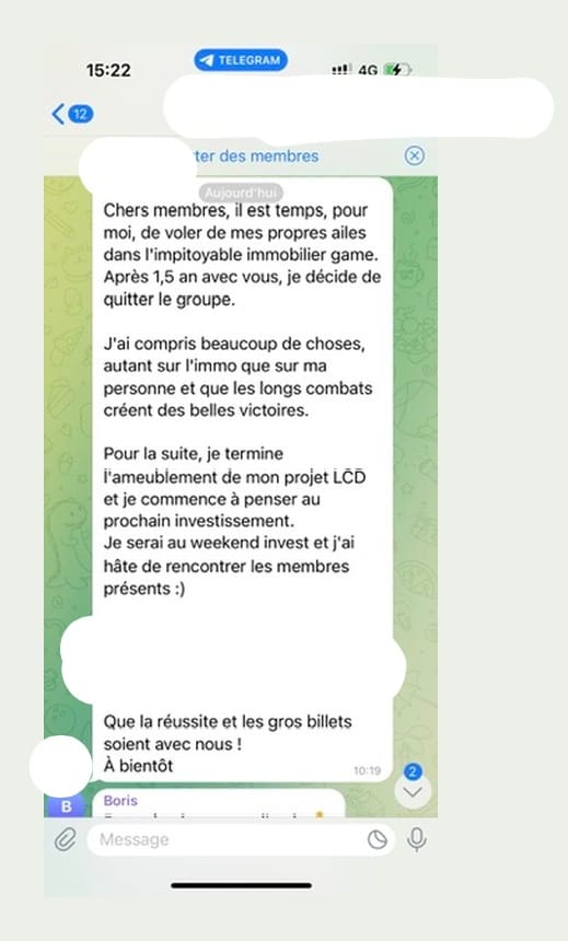 Telegram Yani — départ Club1vest après 1,5 an