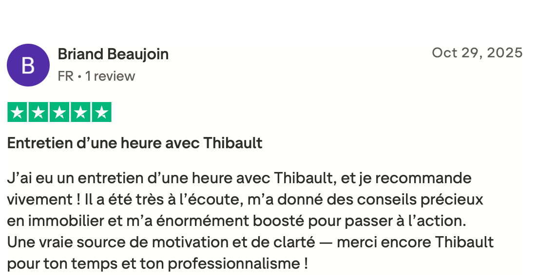 Avis Trustpilot Briand Beaujoin — entretien d'une heure avec Thibault
