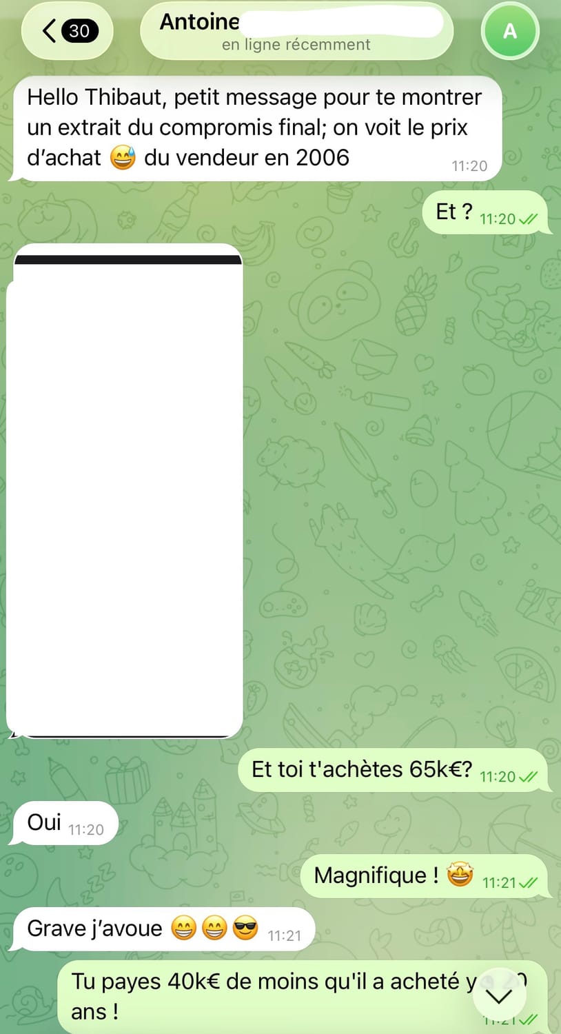 Antoine — achat 65 k€, 40 k€ sous le prix d'achat 2006