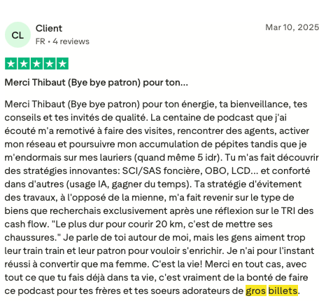 Avis Trustpilot — podcast et coaching Bye Bye Patron